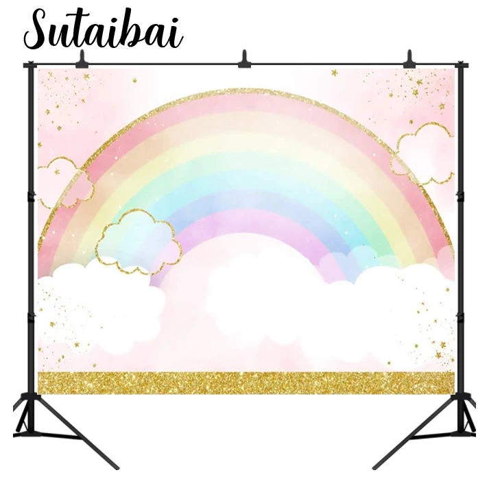 

Rainbow Backdrop Baby Shower Background Pink Gold 1st Birthday Photography Backdrops Watercolor Cloud Girls First Birthday Party