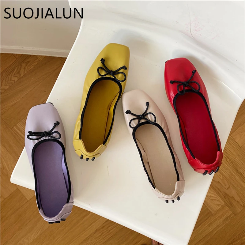 Балетки SUOJIALUN женские на плоской подошве мягкие Лоферы без застежки круглый