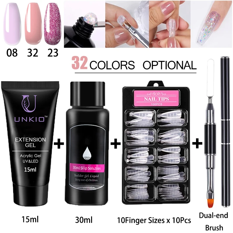 

UNKIO Poly Nail Gel Set With Slip Solution Clip Stiletto Nail Tips UV Gel Quick Buiding Finger Extension Nail Trial Kit