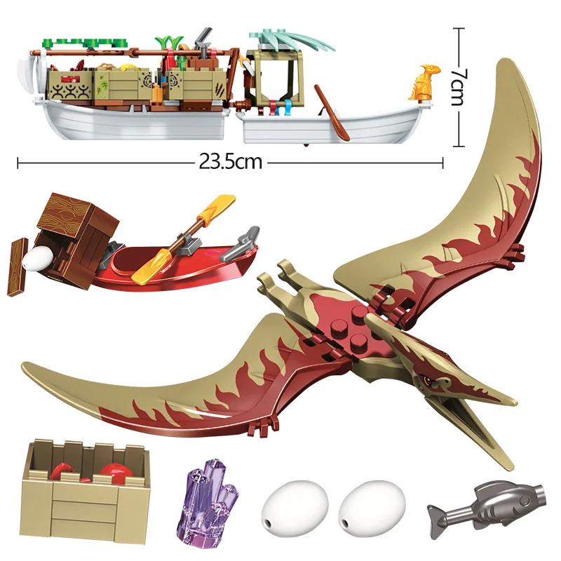 

272pcs City Creator Jurassic Tribe Ship Building Blocks Jurassic World Dinosaur Pterosauria Figures Bricks Toys For Kids