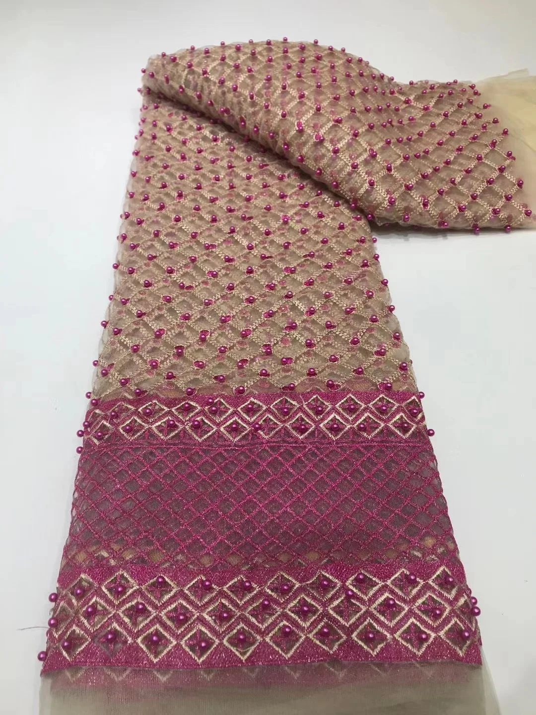 

African Hot Sale Tulle Milk Silk Lace Hand Make Beads French Sequins Voile Fabric For Nigerian Tradltion Wedding Party Dress