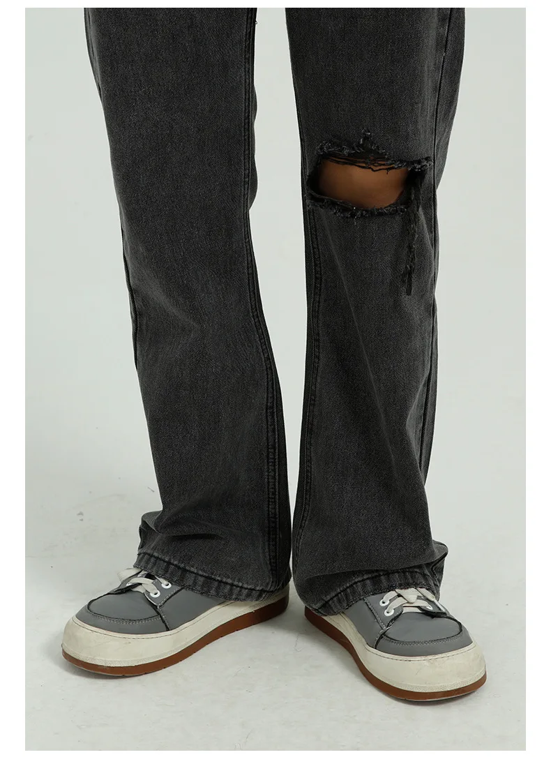 

New Male Gray Wide Leg Jeans Trousers Men Vintage Casual Knee Hole Loose Streetwear Fashion Hip Hop Straight Denim Pants