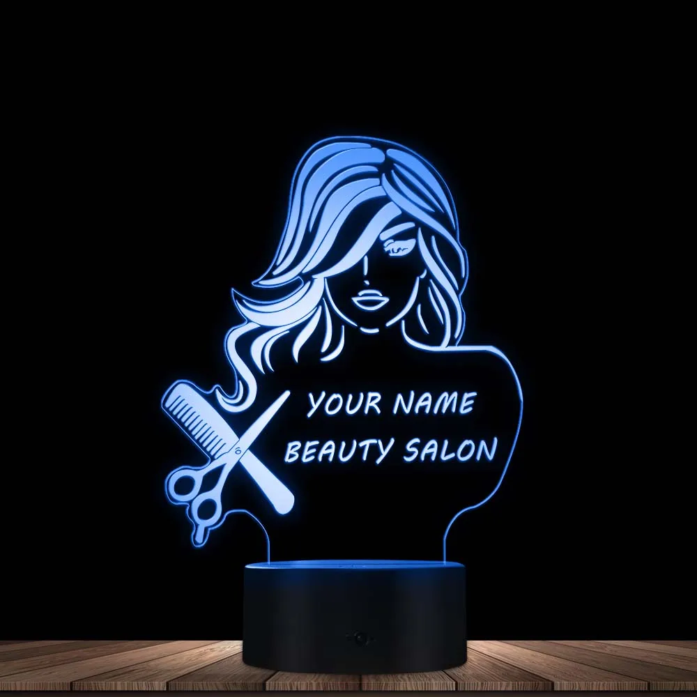 Lámpara de mesa moderna con ilusión LED para salón de belleza, lámpara de mesa con peine de tijera, personalizada con tu nombre, para salón de belleza