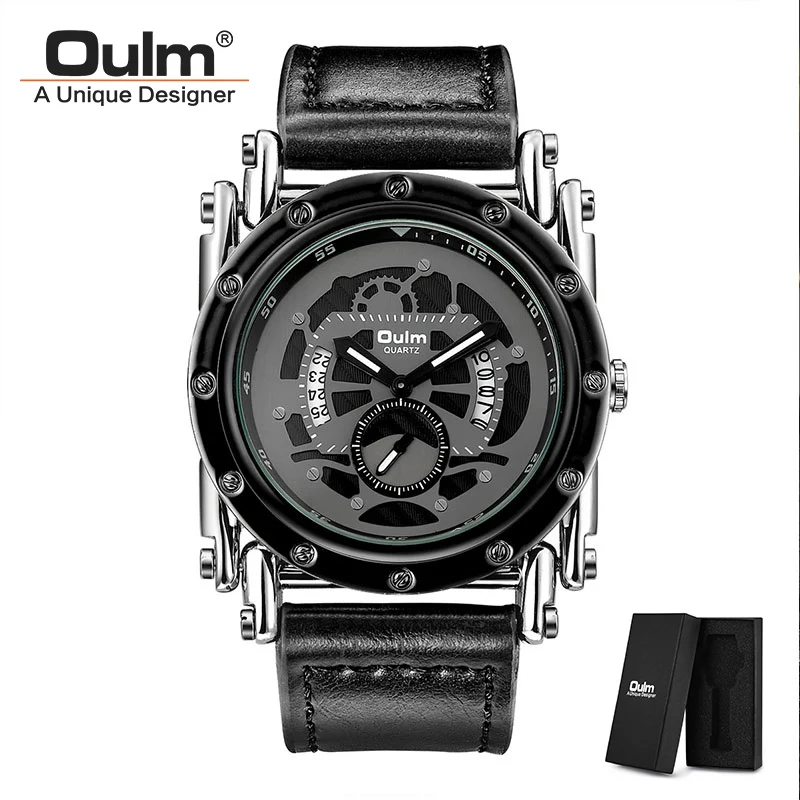 silver(with box) Oulm крутые Панк мужские часы роскошные кожаные кварцевые мужские часы водонепроницаемые спортивные Ретро Модные золотые черные часы дропшиппинг - Цвет: silver(with box)