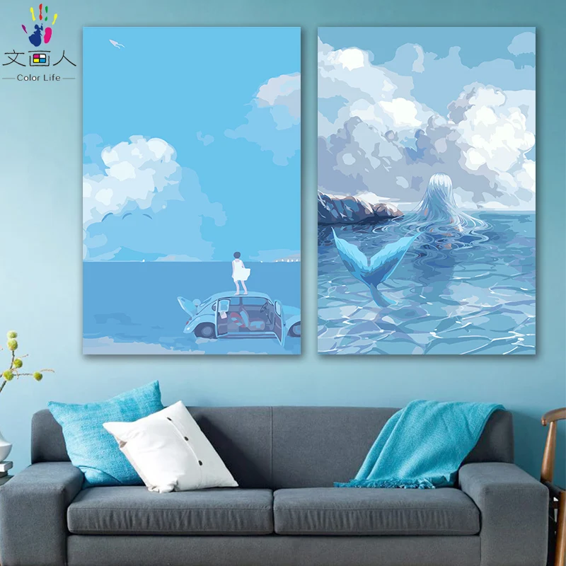 DIY картинки для раскраски по номерам с цветами морской пейзаж водопад голубое