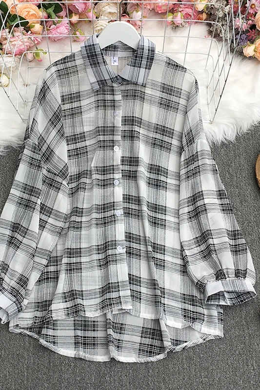 

2021 New Spring Summer Korean Temperament turn-down collar long sleeve Shirt plaid print loose casual Shirt Top