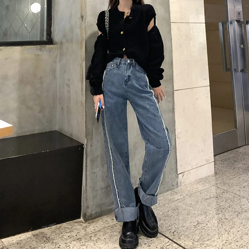 

Женские прямые шерстяные брюки жареные уличные, облегающие джинсы с высокой талией, с эффектом потертости, с широкими штанинами, на осень