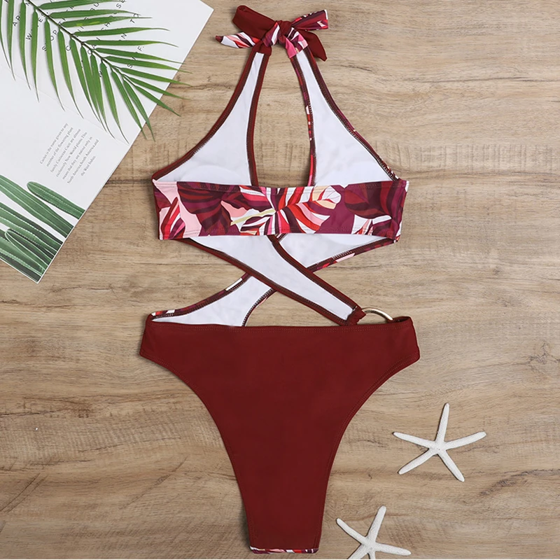 

Floral Swimsuit Fashion Women's Monokini Sexy Bandage Swimwear Halter Bathing Suit Women's Bodysuit Leisure Party Club Beachwear