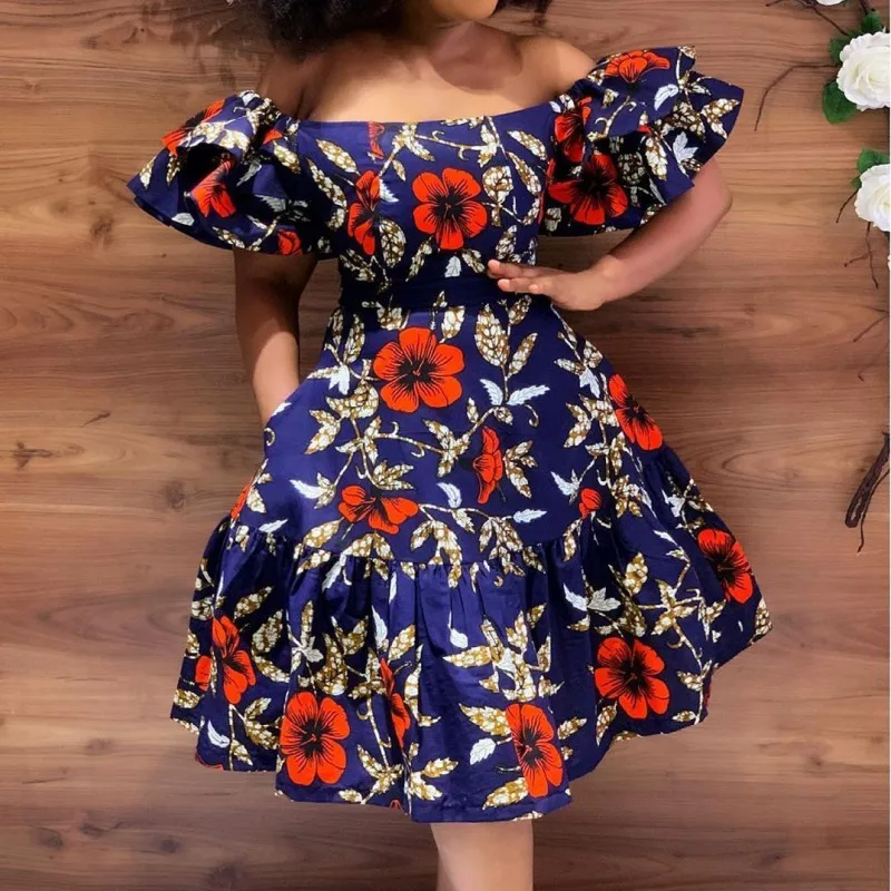 

2021 Summer Elegant Women Slim Club Party Dress African Style Fashion Ruched Print Slash Neck Short Sleeve Sexy Mini Dress