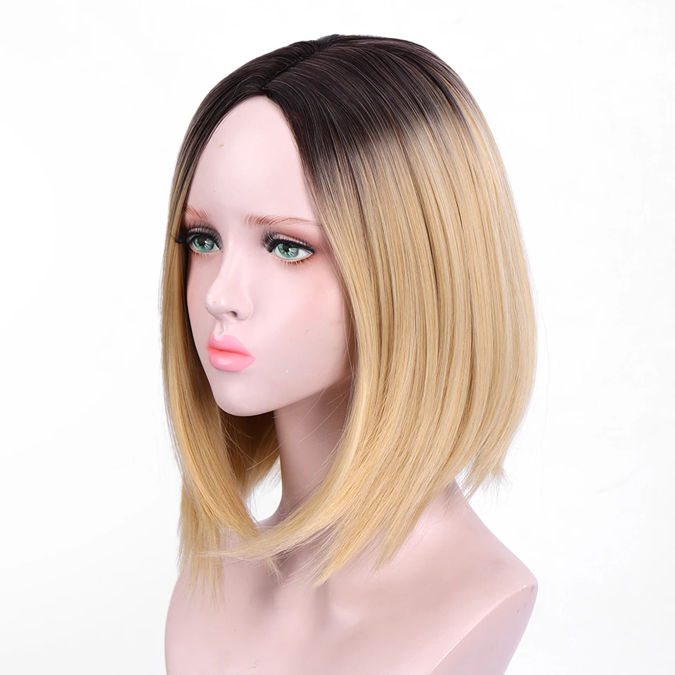 Ombre Blonde Brownish Black Roots Short Bob Wigs Side Part for Women Heat Resistant Synthetic Full Straight | Шиньоны и парики