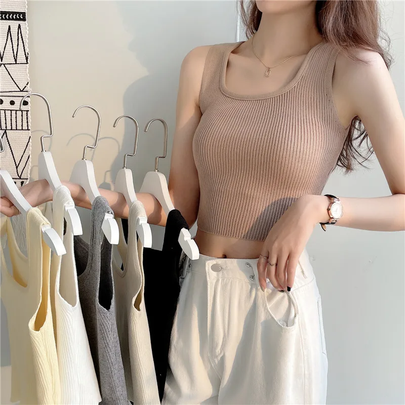 

2022 Summer Women's Crop Tops Sexy High Elastic Cotton Slim Camis Sleeveless Short Tank Top Solid Knitted Corset Vest
