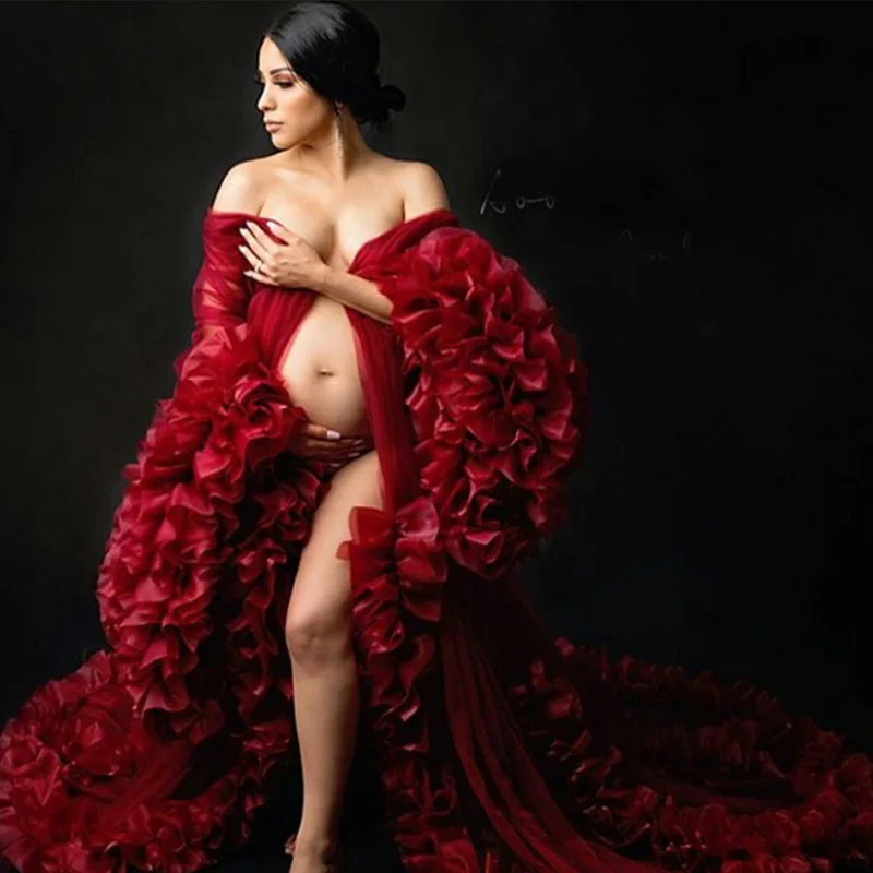 

Burgundy Tiered Ruffles Ladies Robes Illusion Tulle Pregnant Women Party Sleepwear For Maternity Shower Nightrobes Evening Gowns