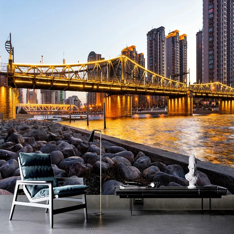 3D фотообои на заказ современный золотой мост строительство город фото гостиная