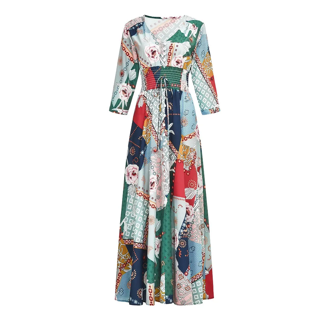 Женское платье 2019 весна осень новое женское длинное с коротким рукавом и принтом