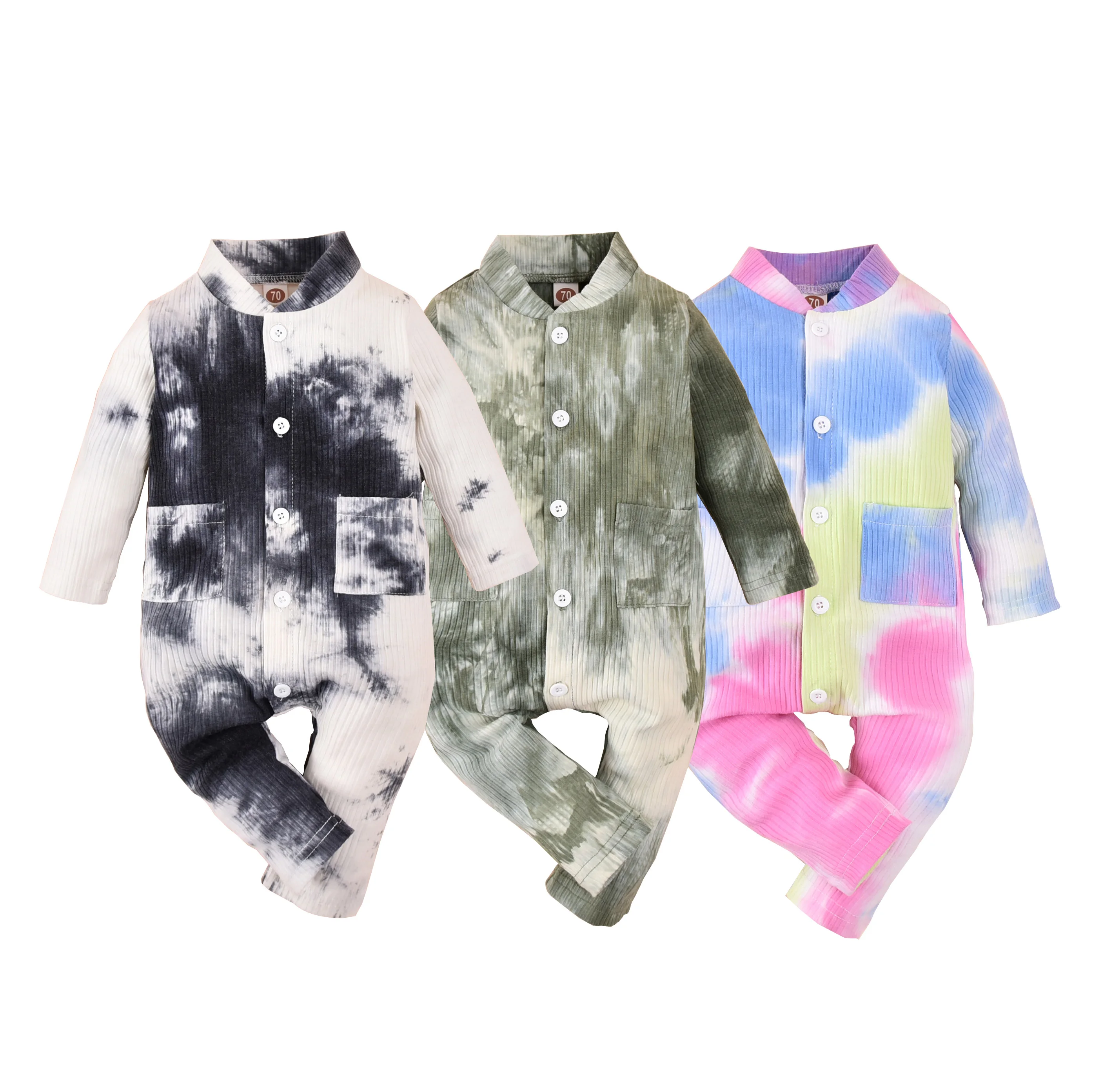 

Tie Dye Print Newborn Ribbed Button Baby Rompers Long Sleeve Pocket O Neck Baby Infant Toddler Autumn Rompers Jumpsuits 0-18M