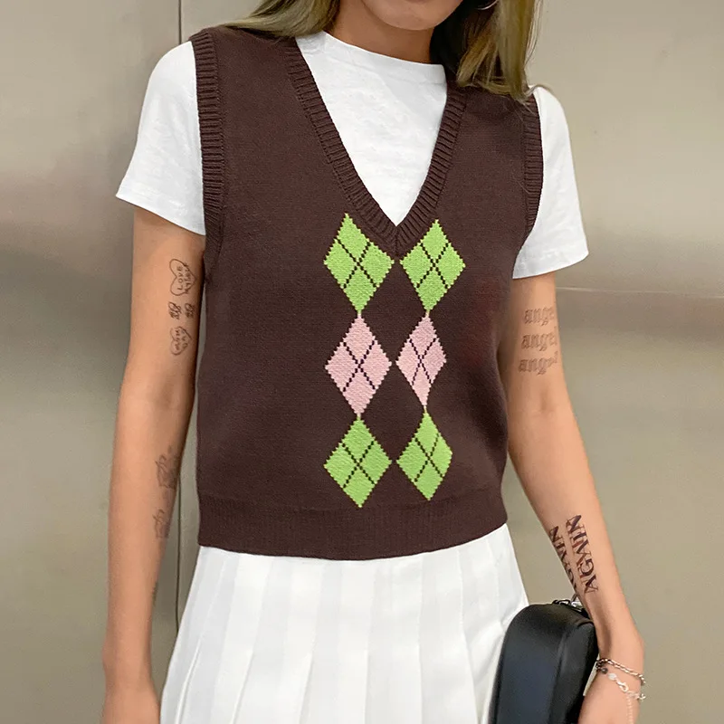 

2021 Summer New Fashion Woolen Vest for Women Rhombus Lattice Sleeveless V-neck Camis Female Retro Tanks Streetwear Crop Tops