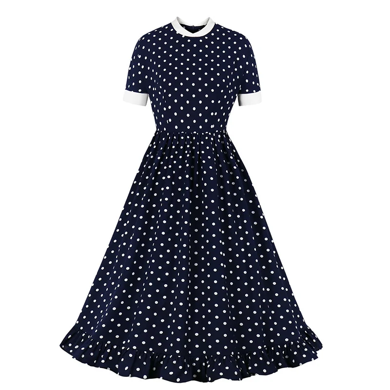 

2021 Summer Women O Neck Blue dresses Polka Dot Printed Elegant Ladies Knee Length Casual Party High Waist skater dress