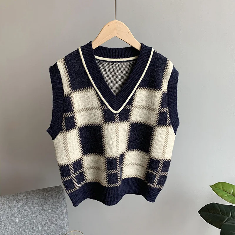 

GOPLUS Vest Vintage Plaid Sweater Vest Women Korean V-neck Knitted Sleeveless Short Sweater Gilet Femme Pull Sans Manche C10786