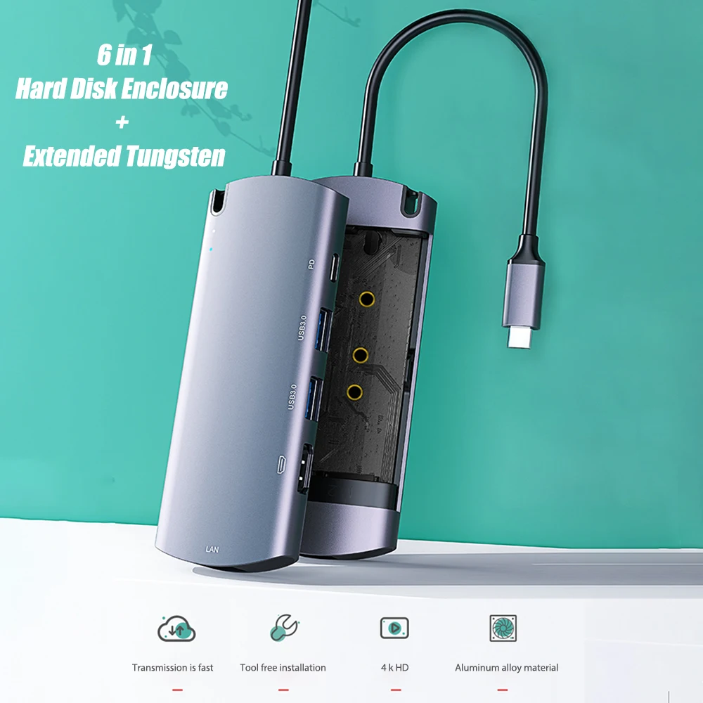 

M.2 NGFF HDD Enclosure Portable Dual USB 3.0 6 in 1 M.2 SSD Docking Station PD Fast Charging Type-C Hub Tool-Free Parts