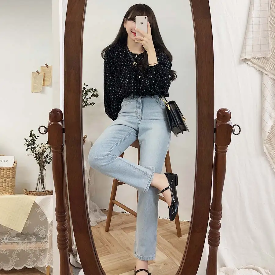 S XL, Новая Винтажная рубашка в горошек, женские топы, женские блузки с длинными рукавами для девочек, большие размеры, осенние женские блузки, femme Blusas