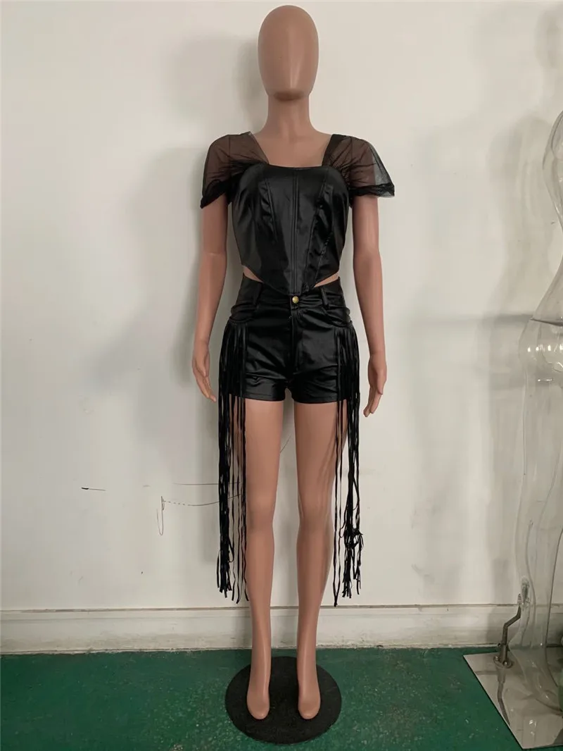 Tassel PU Leather 2 Piece Set Women Clothes Slash Neck Cap Sleeve Crop Top and Shorts Suit Sexy Bodycon Party Night Club Outfits