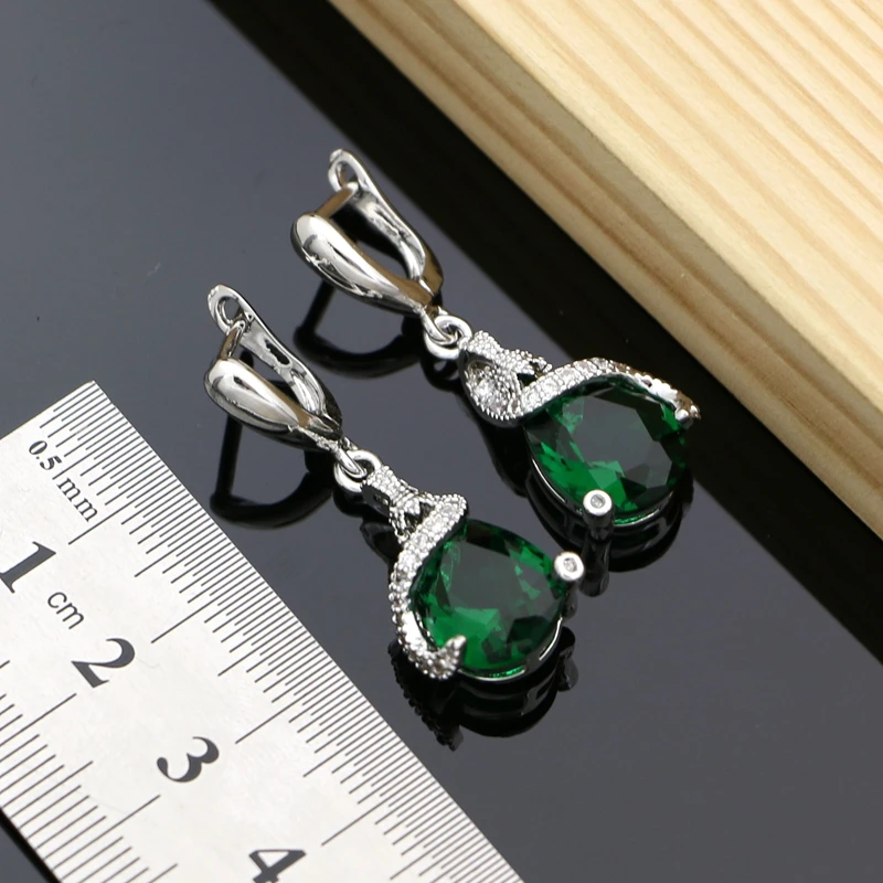 925 серебряные ювелирные наборы зеленый CZ для влюбленных серьги с камнями