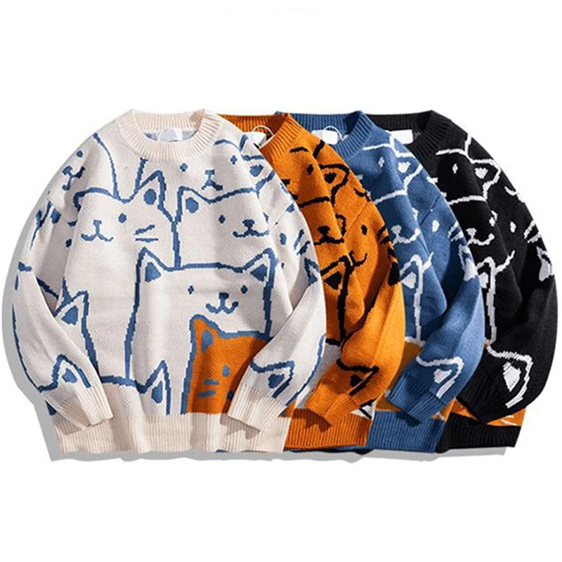 Japanese Harajuku Vintage Sweater Men 2021 Autumn Winter New Cartoon Loose Knitted Sweater Hip Hop Streetwear Knitwear Pullovers