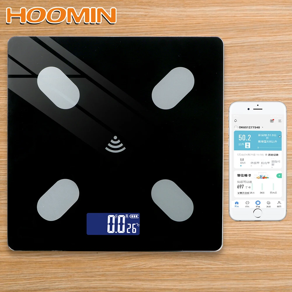

HOOMIN USB Charging Intelligent bluetooth APP Android IOS LCD Digital Screen Smart BMI Fat Scale Household Weighing Scale