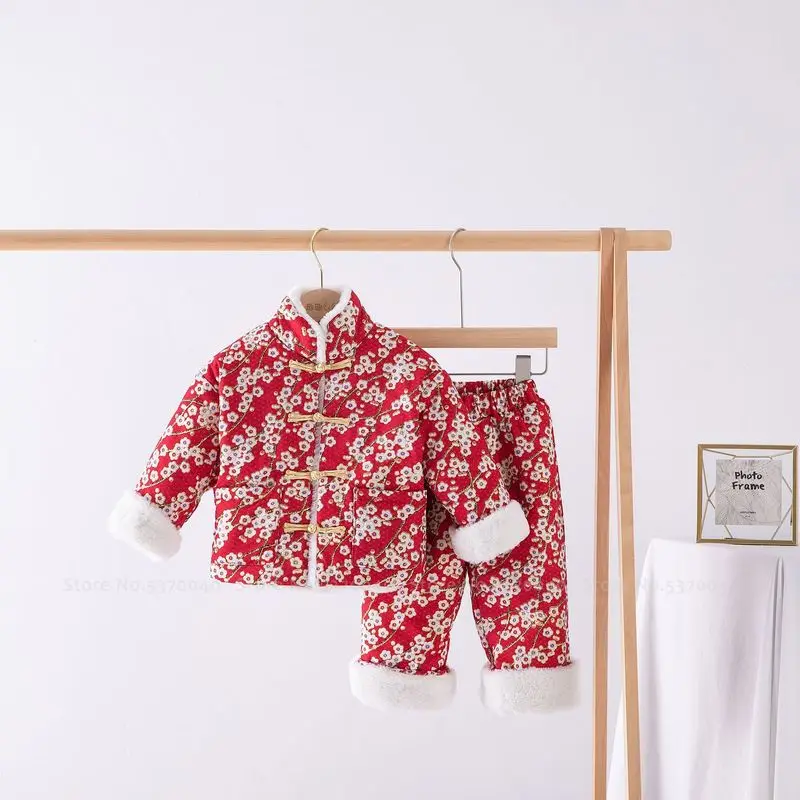 

Kids Chinese Style Hanfu Coat Pants Children Crane Print Oriental Clothing Retro Fashion New Year Outfits Set Winter Tang Suit