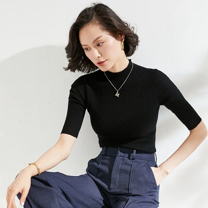 

Женский шерстяной свитер с полуворотником, 60 штук, тонкий вязаный свитер облегающего покроя с 5 рукавами для ранней весны