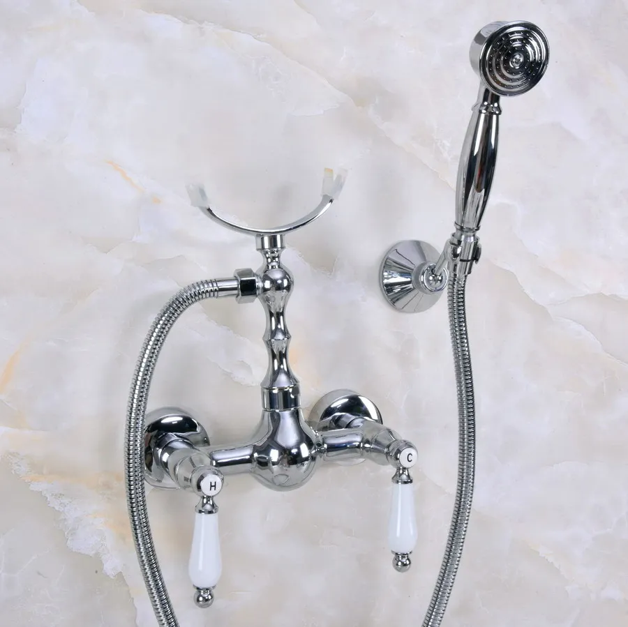 

Contemporary Chrome Brass Wall Mounted Bathroom Shower Faucet Set with 150CM Hose Handheld Spray Head Mixer Tap Dna267