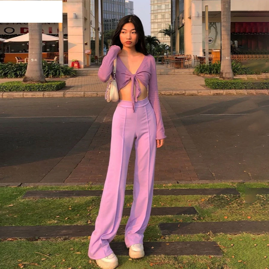 

High quality solid color simple high waist straight leg pants 2020 women casual street elegant office ladies elastic trousers