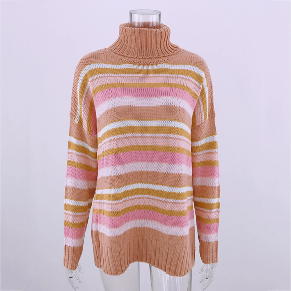 Женские свитера в радужную полоску с высоким воротом вязаные пуловеры длинным
