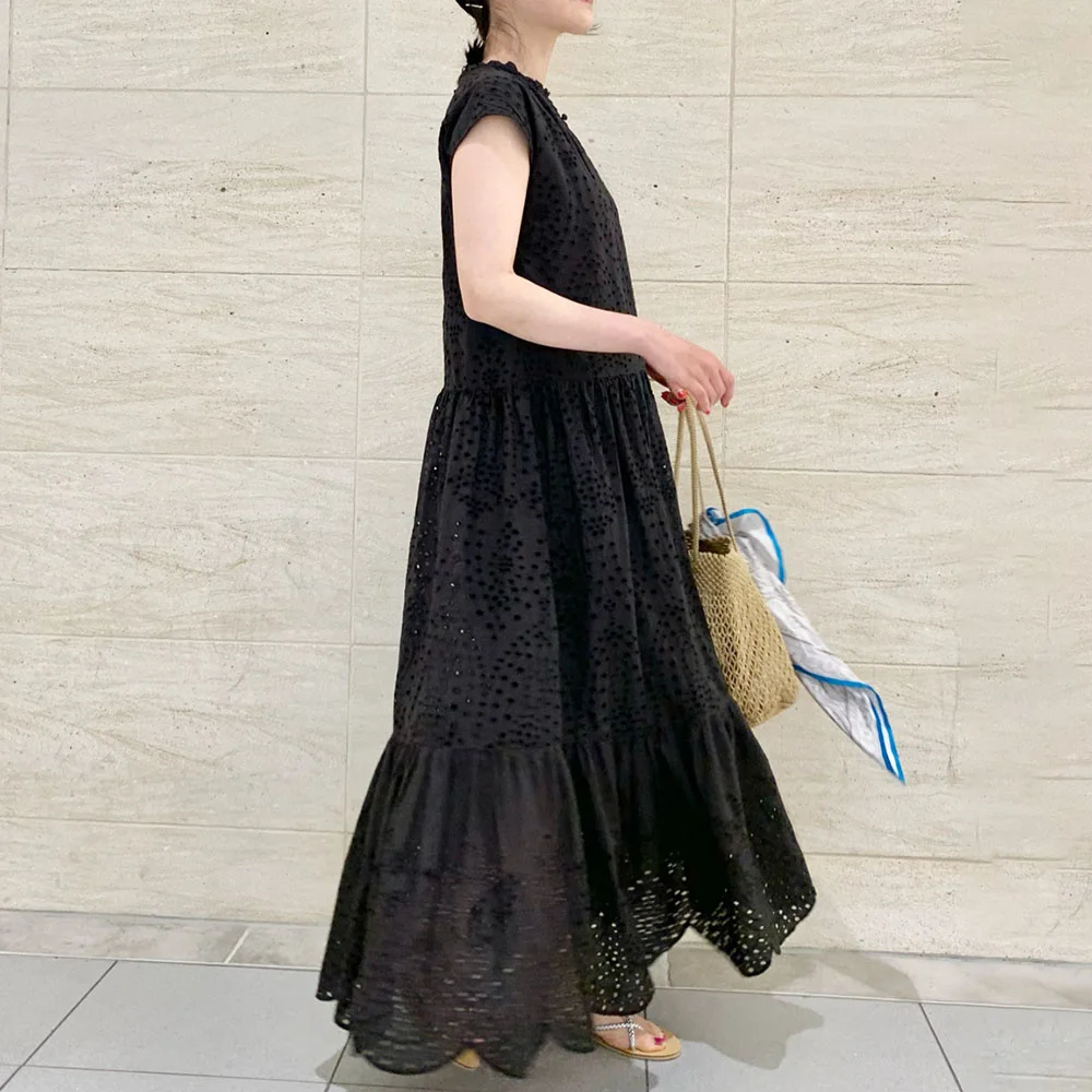 

2021 Summer Dress Pleated Hollow Patchwork Short Sleeve Black A Line Loose Casual New Style Solid Color Woman Dresses