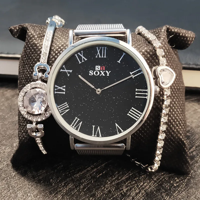 Часы женские кварцевые в деловом стиле простые деловые с сетчатым ремешком набор