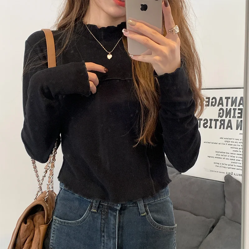 

Черная шикарная вязаная рубашка с полосой, полувысоким воротником, женский короткий складной Топ