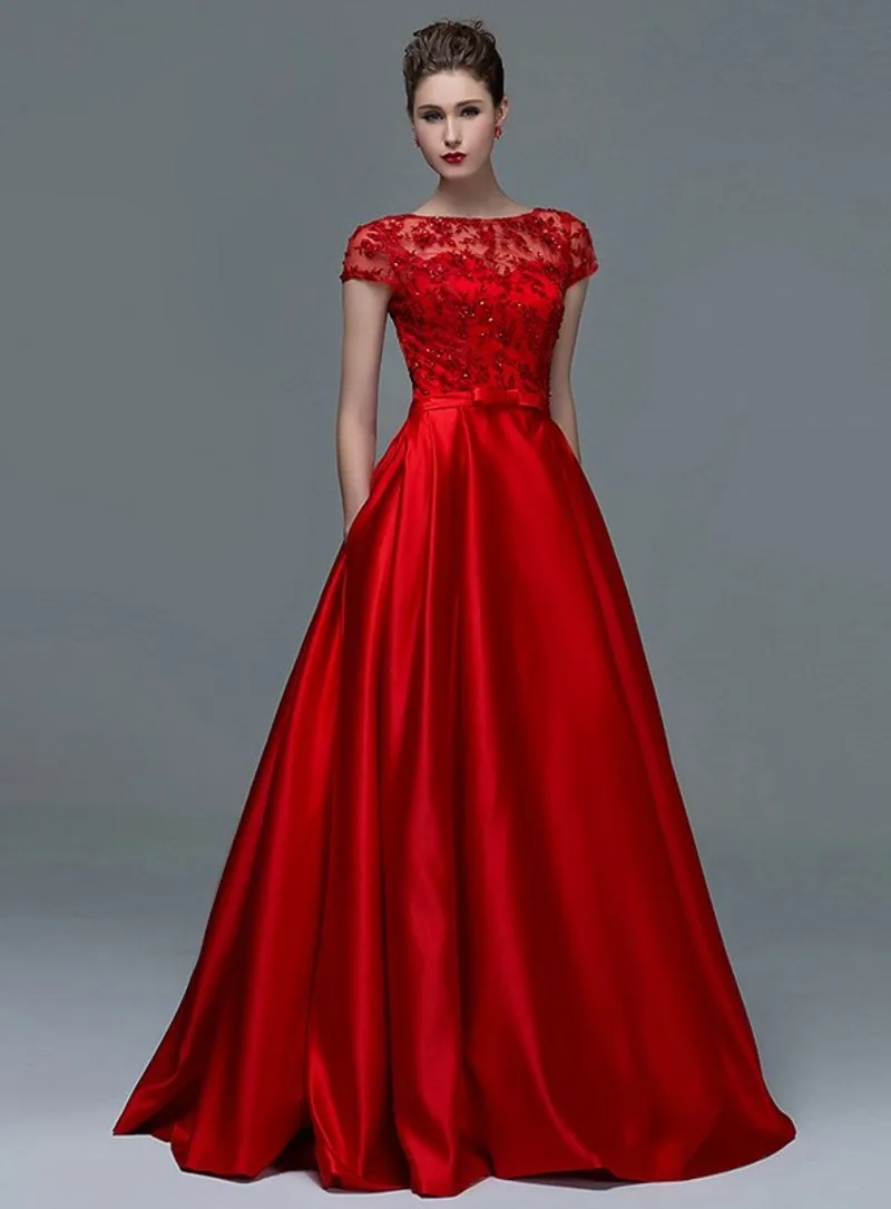 

Red A-Line Short Sleeves Appliques Sequins Evening Dresses 2020 Women Hot Sale Sheer Neck Formal Prom Dress Vestidos de Festa