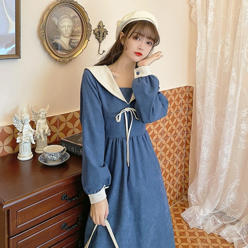 

Long Sleeve Dress Women's Autumn Winter 2020 New Korean Style Sailor Collar High Waist Slim-Fit Mid-Length sweet lolita Dress