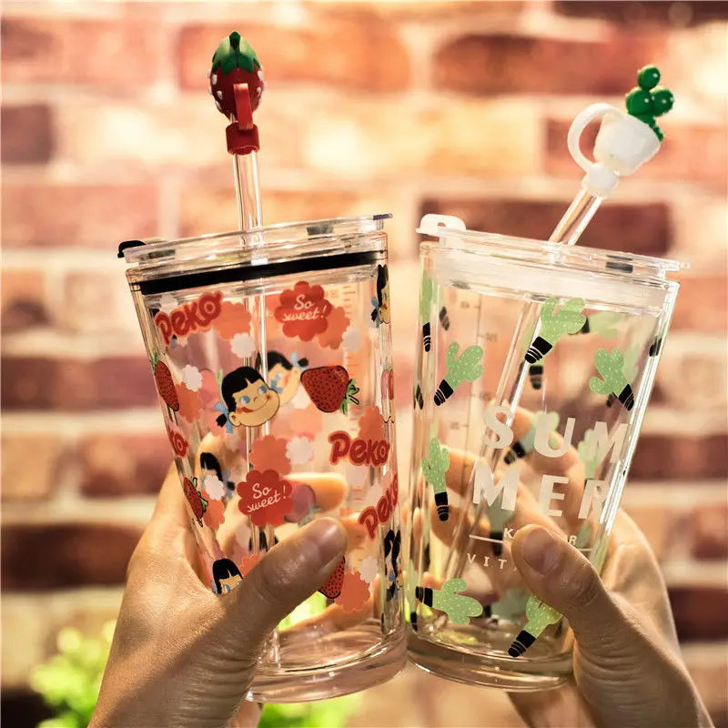 Мультяшные стеклянные стаканы для воды с крышкой в виде соломинок милые большие