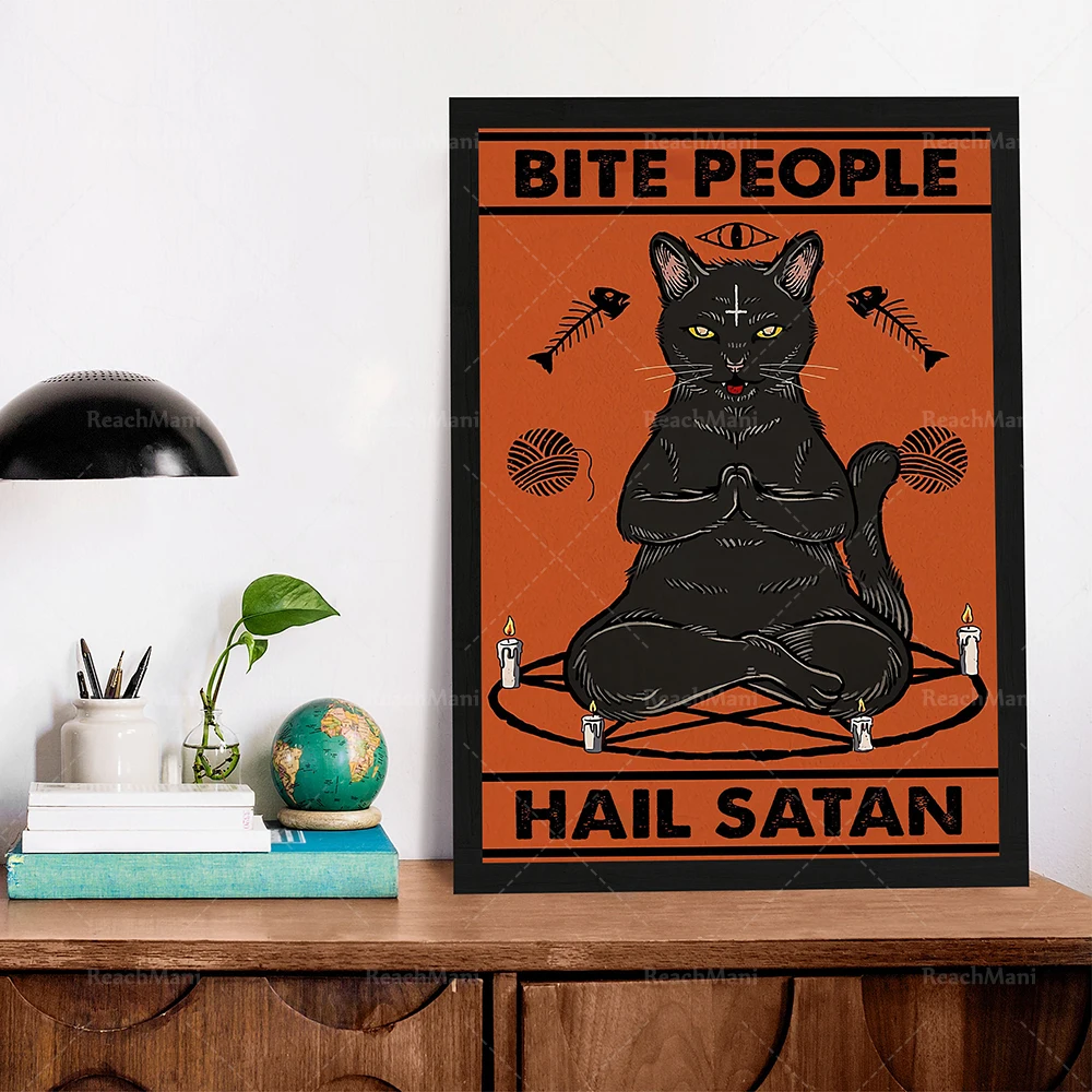 

Bite People Hail Satan Poster, Black Cat Satan Poster, Cat Do Yoga Wall Decor, Gothic Cat Yoga Art Print, Cat Lover Gift