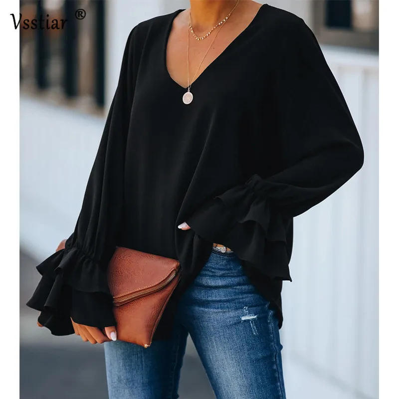 

Vsstiar Sexy Ruffles Women Shirts Fashion Long Sleeve Casual Street Blouse Oversized Autumn Winter Office Work Loose Woman Tops