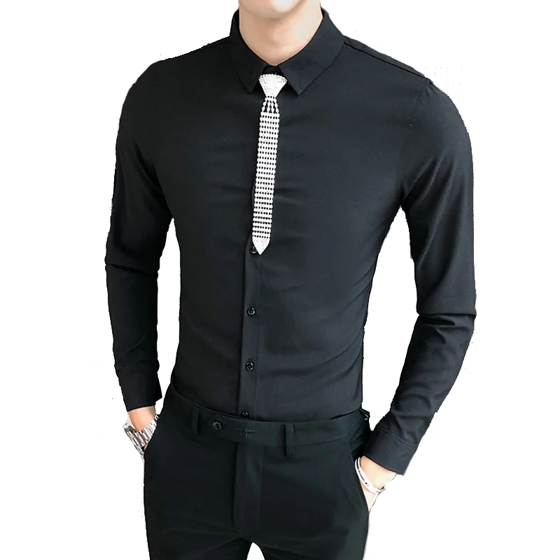 

3Colors Men Casual Shirts With Tie Long Sleeve Simple Spring New 2021 Slim Fit Streetwear Tuxedo Plus Size Blouse Homme 5XL-M
