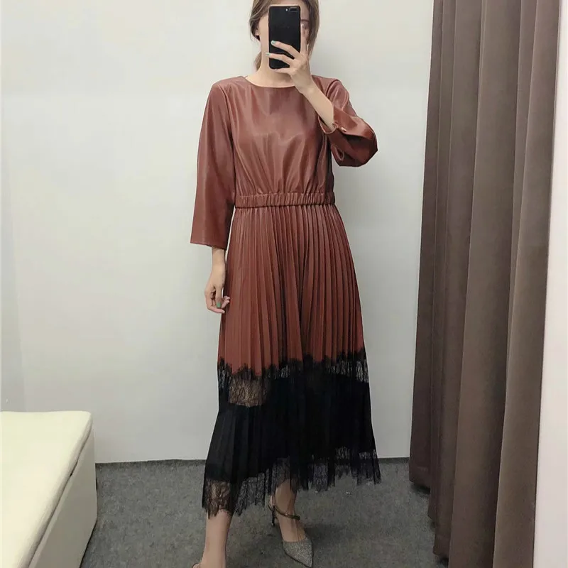 Коричневое платье элегантное женское черное кружевное лоскутное плиссированное