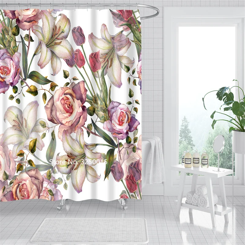 

Garden Flowers Mountains Rivers and Landscapes Shower Curtain Waterproof and Mildew Proof with Hooks for Home Bathtub Decoration