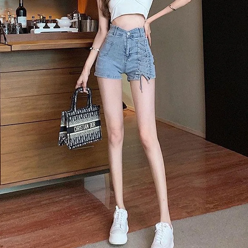 Женские джинсовые шорты обтягивающие пикантные бандажные ретро-шорты с