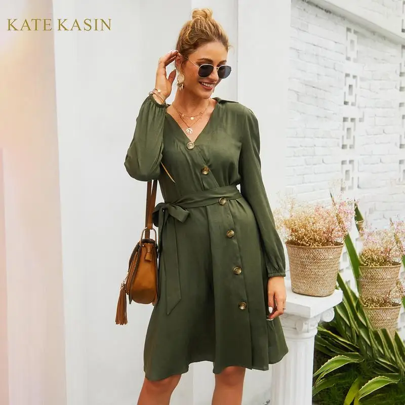 Kate Kasin офисное женское платье-рубашка с длинным рукавом длиной до колена