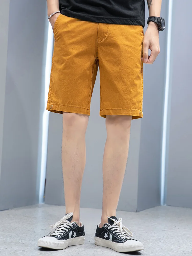 

2021 men's trend solid color medium waist casual shorts ordinary cotton micro elastic pants beach pants