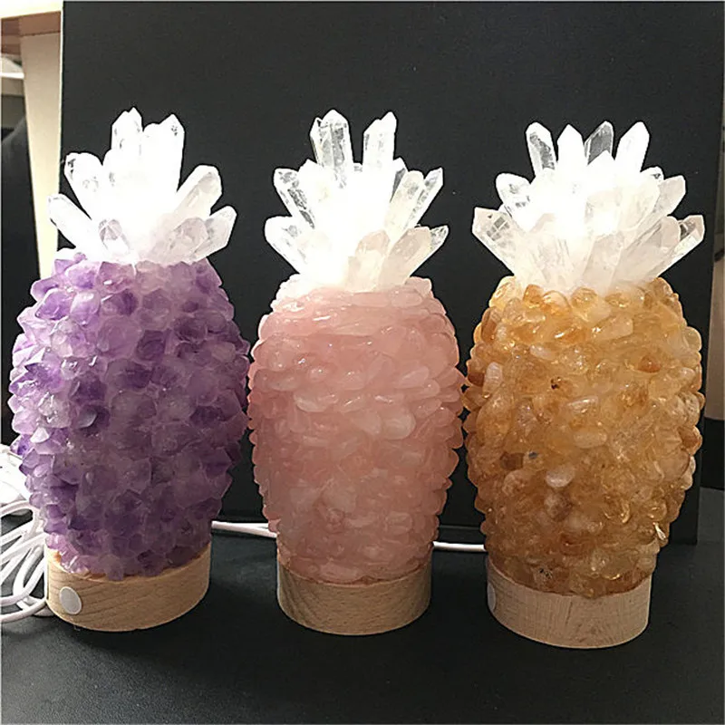 

Natural Amethysts Quartz Crystal Stone Pineapple Light Night Lamp Crystal Treatment Quartz Point Beads Decor Light Lamp Chakra