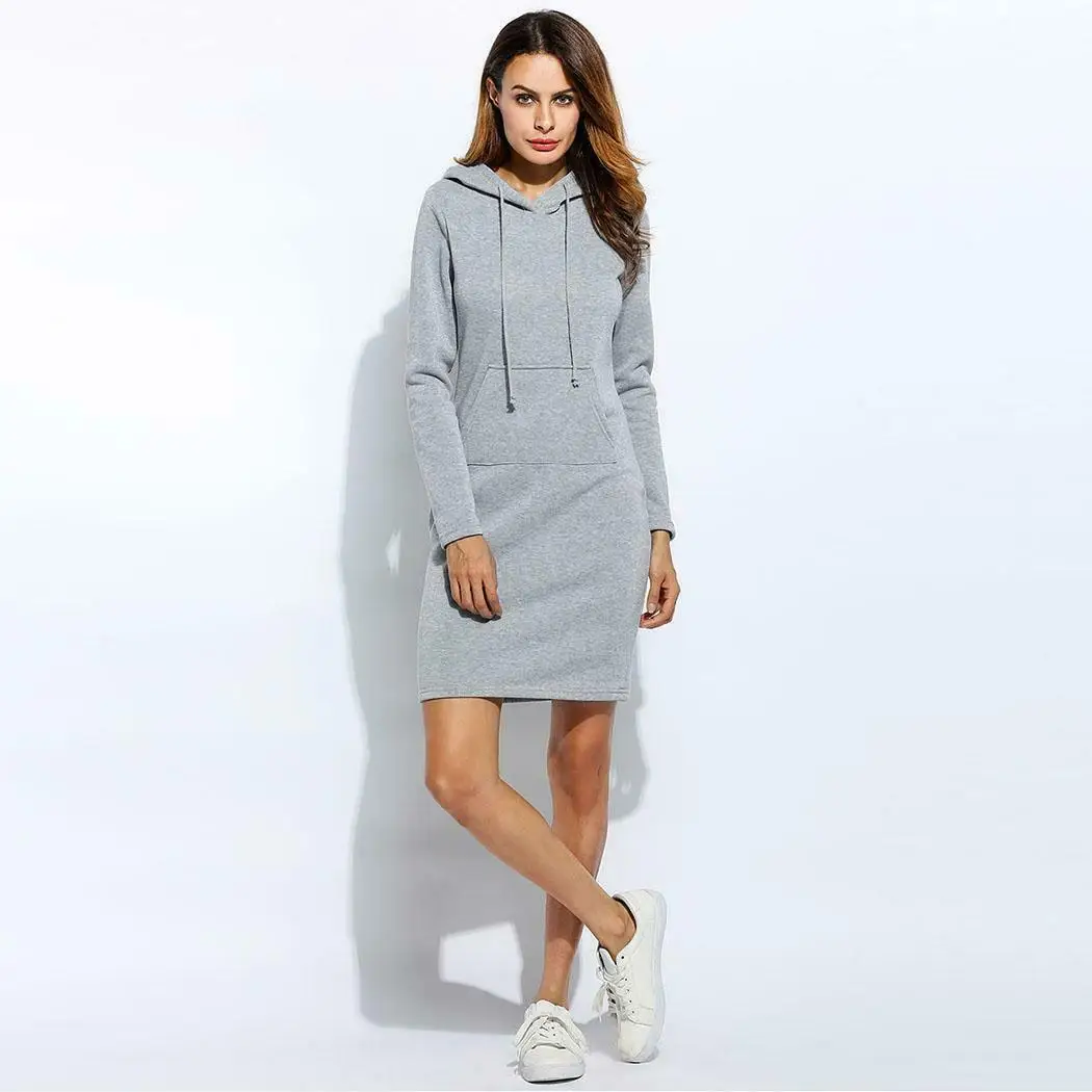 Fashion Women's Hooded Long Sleeve Sweatshirt Fall Autumn Hoodie Casual Style with Pocket Bodycon Tunic Dress Top New Hot Sale