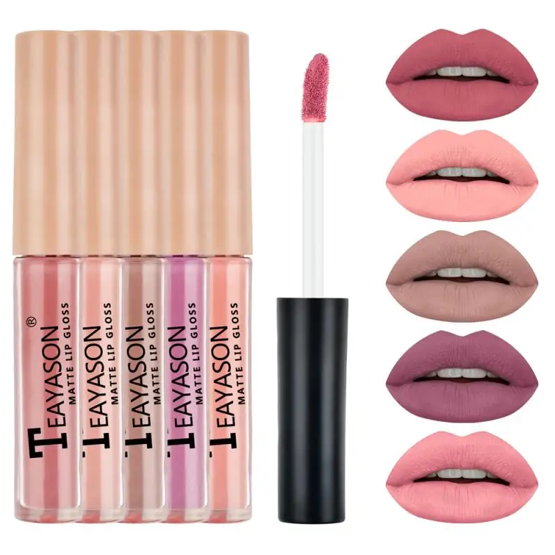 

5pcs/box Velvet Matte Lip Glaze Set Easy To Color Long Lasting Waterproof Mini Lip Gloss Non-stick Cup Non-fading Lipstick TSLM2